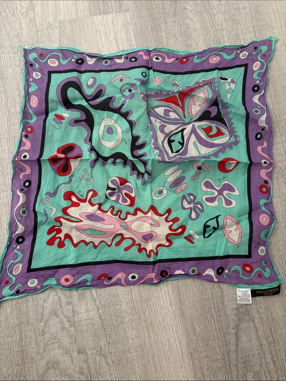 Emilio Pucci Turquoise, Purple & Red Abstract Cotton Neck Scarf